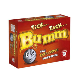 Rote Tick Tack Bumm-Spielschachtel mit Comic-Bombe und gelber Aufschrift auf der Vorderseite.