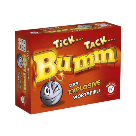 Rote Tick Tack Bumm-Spielschachtel mit Comic-Bombe und gelber Aufschrift auf der Vorderseite.