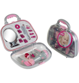 Zwei Spielzeug-Beauty-Sets in Klarsichtboxen mit pink-grauen Styling-Accessoires, Spiegel und Kamm.