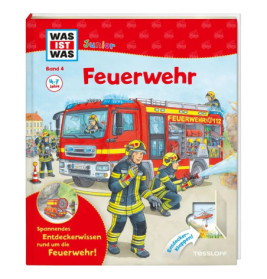 Kinderbuch-Cover: Feuerwehrleute und Feuerwehrauto, Titel Feuerwehr, empfohlen für Kinder von 4-7 Jahren.
