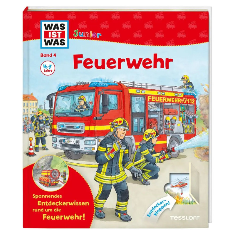 Kinderbuch-Cover: Feuerwehrleute und Feuerwehrauto, Titel Feuerwehr, empfohlen für Kinder von 4-7 Jahren.