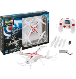 Revell Quadrocopter mit Fernbedienung, Ersatzrotoren, Akku, Ladegerät und Verpackung auf weißem Hintergrund.