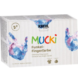 Kreul Mucki Funkel Fingerfarbe ab 2 Jahren, schimmernd, Verpackung mit bunten Handabdrücken auf der Front.
