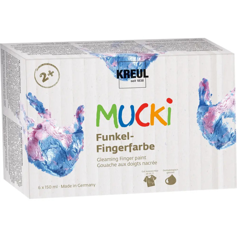 Kreul Mucki Funkel Fingerfarbe ab 2 Jahren, schimmernd, Verpackung mit bunten Handabdrücken auf der Front. Kreul Mucki Funkel Fingerfarbe ab 2 Jahren, schimmernd, Verpackung mit bunten Handabdrücken auf der Front.
