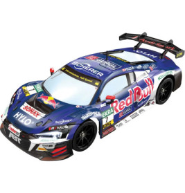 Blauer Red-Bull-Rennwagen mit vielen Sponsorenlogos, großem Heckflügel und aerodynamischem Design.