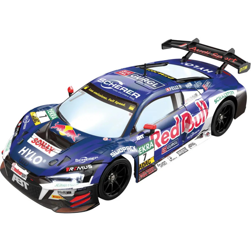 Blauer Red-Bull-Rennwagen mit vielen Sponsorenlogos, großem Heckflügel und aerodynamischem Design.
