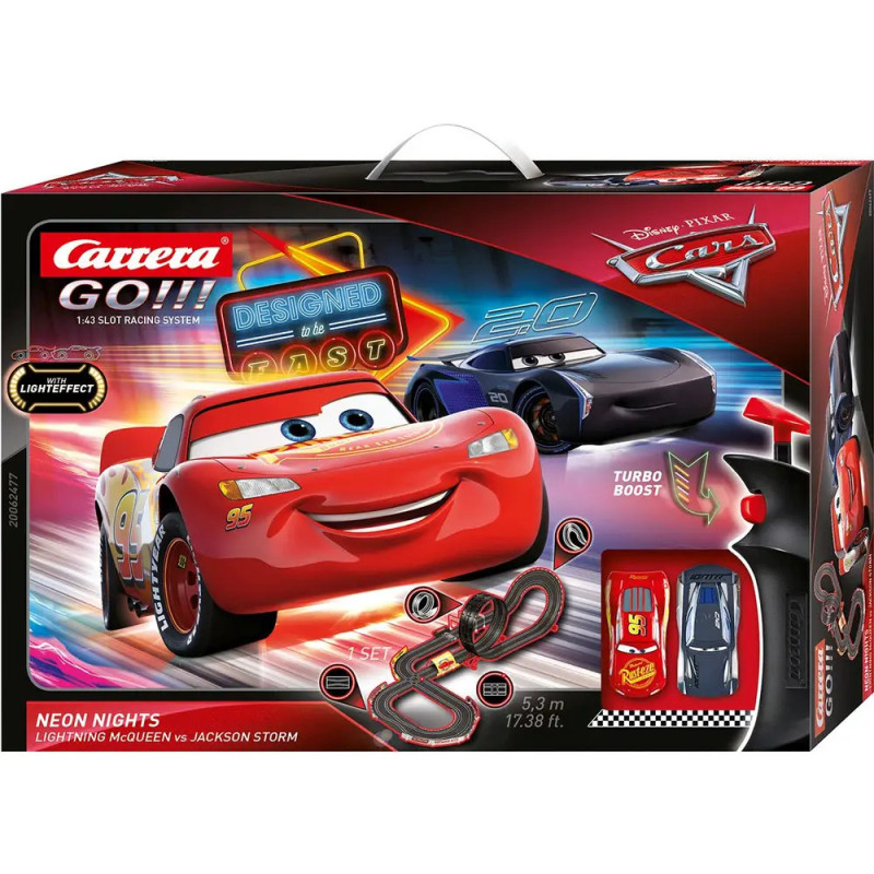 Carrera GO!!! Cars Neon Nights Slotcar-Box mit Lightning McQueen und Jackson Storm auf dem Cover.