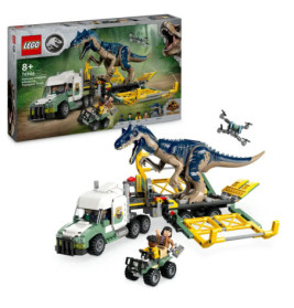LEGO-Set mit Dinosaurier, Transporter, Quad, Drohne und zwei Figuren im Jurassic-World-Design.