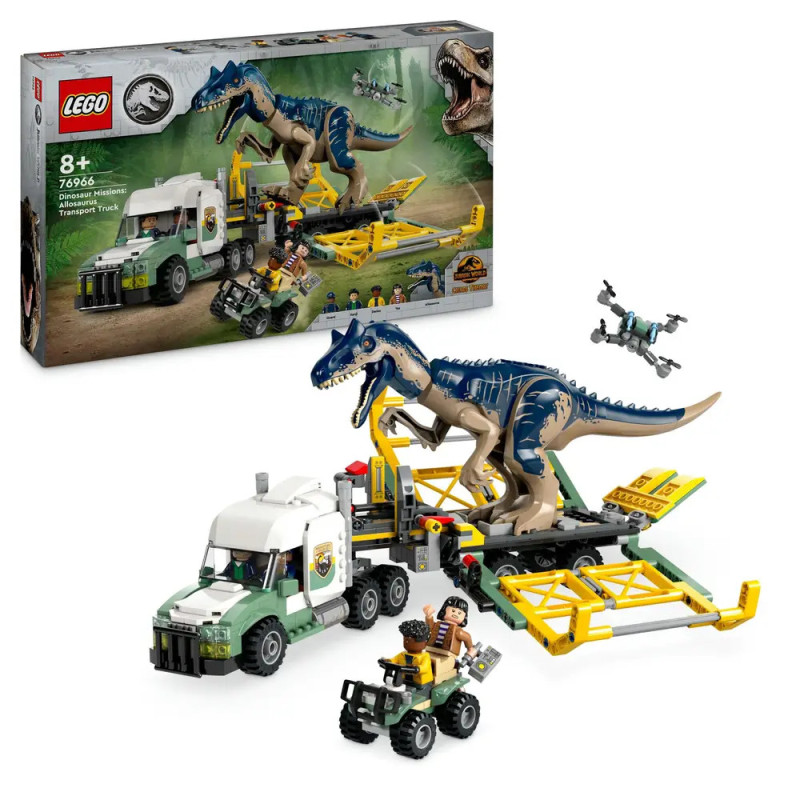 LEGO-Set mit Dinosaurier, Transporter, Quad, Drohne und zwei Figuren im Jurassic-World-Design.
