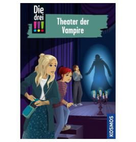Drei Mädchen auf einer Bühne blicken ängstlich auf die Silhouette eines Vampirs, der auf einen Vorhang projiziert ist.