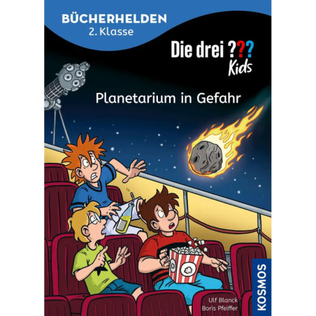 Drei Kinder im Planetarium blicken schockiert auf einen Meteor, der auf einen Buchdeckel Richtung Erde fällt.