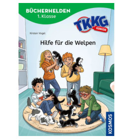 Vier Kinder spielen fröhlich mit mehreren Welpen im gemütlichen Wohnzimmer, Buchcover-Gestaltung.