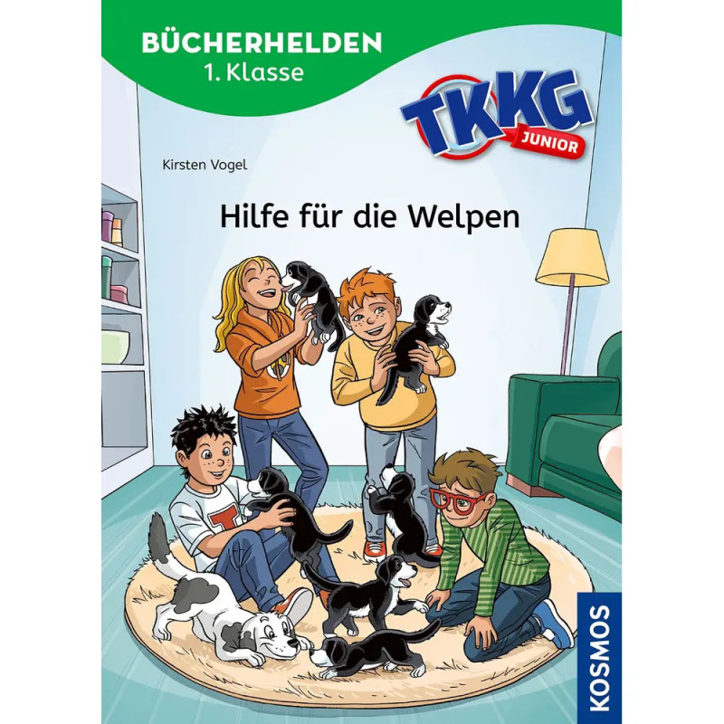 Vier Kinder spielen fröhlich mit mehreren Welpen im gemütlichen Wohnzimmer, Buchcover-Gestaltung.