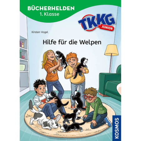 Vier Kinder spielen fröhlich mit mehreren Welpen im gemütlichen Wohnzimmer, Buchcover-Gestaltung.