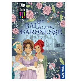 Drei Frauen in Regency-Kleidern stehen vor einem Schloss, umgeben von pinken Blumen und Schlüsseln auf blauem Grund.