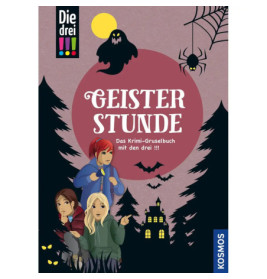 Drei verängstigte Mädchen stehen nachts im düsteren Wald, im Hintergrund Spukhaus, Spinne und Geist.