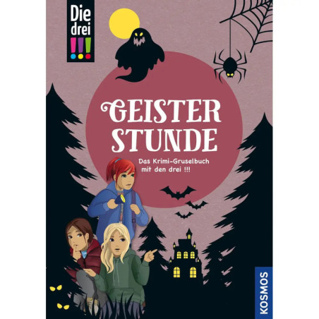 Drei verängstigte Mädchen stehen nachts im düsteren Wald, im Hintergrund Spukhaus, Spinne und Geist.