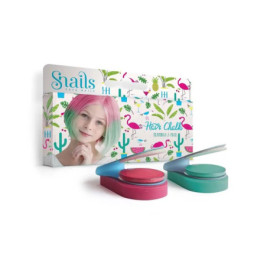 Zwei Haarkreiden in Pink und Grün vor bunter Verpackung mit Mädchen und tropischem Design.