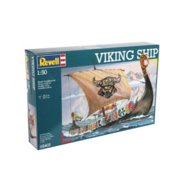 Revell Vikingerschiff-Modellbausatz, auf dessen Verpackung ein illustriertes Wikingerschiff abgebildet ist.