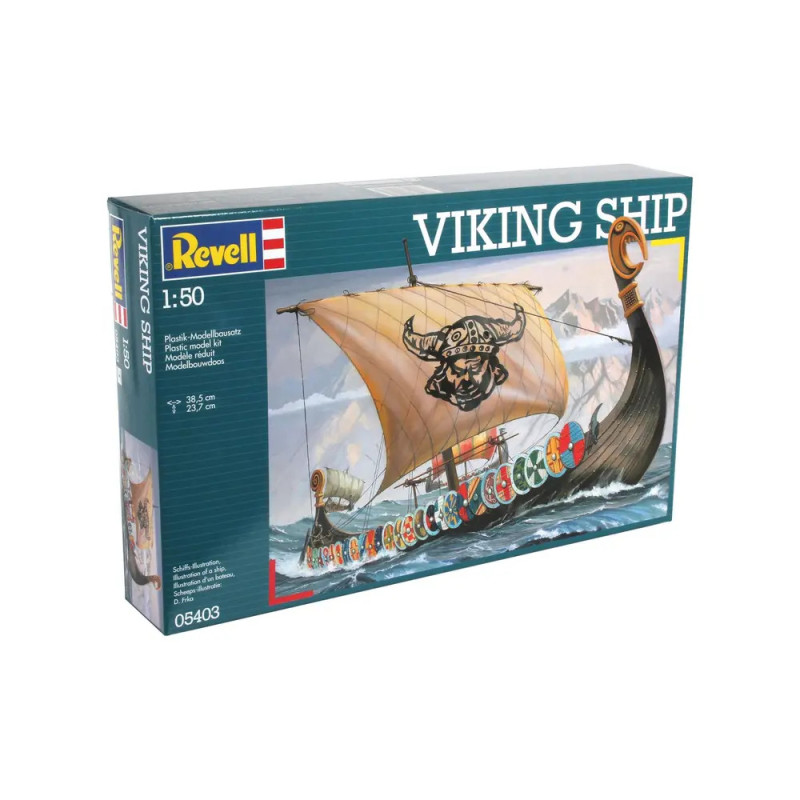 Revell Vikingerschiff-Modellbausatz, auf dessen Verpackung ein illustriertes Wikingerschiff abgebildet ist.