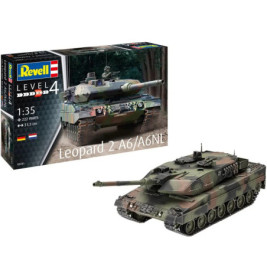 Revell Leopard 2 A6/A6NL Modellbausatz (1:35, 222 Teile) mit Schachtel und fertigem Modell.