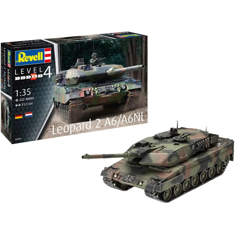Revell Leopard 2 A6/A6NL Modellbausatz (1:35, 222 Teile) mit Schachtel und fertigem Modell.