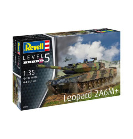 Revell Modellbausatz Level 5: Leopard 2A6M+ Panzer, Verpackung zeigt den Panzer in Aktion auf der Front.