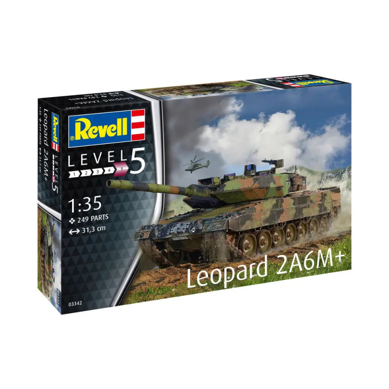 Revell Modellbausatz Level 5: Leopard 2A6M+ Panzer, Verpackung zeigt den Panzer in Aktion auf der Front.