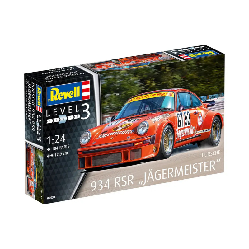 Revell Bausatz: Porsche 934 RSR Jägermeister, orange, Level 3, Maßstab 1:24, 104 Teile.