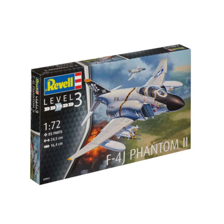 Revell Level 3 F-4J Phantom II Bausatz mit Jet-Abbildung und Produktinfos auf der Verpackung.