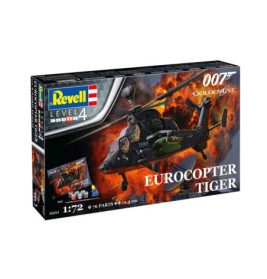 Revell-Bausatz Eurocopter Tiger mit 007-GoldenEye-Logo, Hubschrauber vor feurigem Hintergrund.