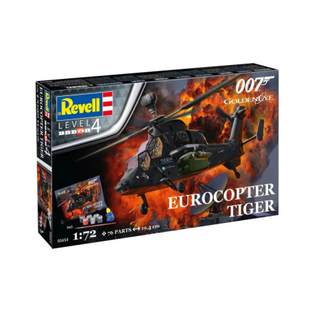 Revell-Bausatz Eurocopter Tiger mit 007-GoldenEye-Logo, Hubschrauber vor feurigem Hintergrund.