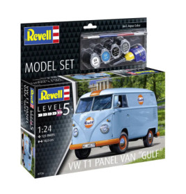 Revell-Set: 1:24 VW T1 Kastenwagen Gulf, inklusive Farben, Pinsel und Decals auf der Verpackung.