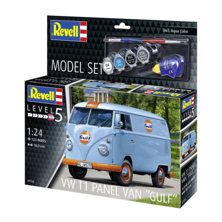 Model Set VW T1 panel van (Gulf Decoration), Revell Modellbausatz mit Basiszubehör
