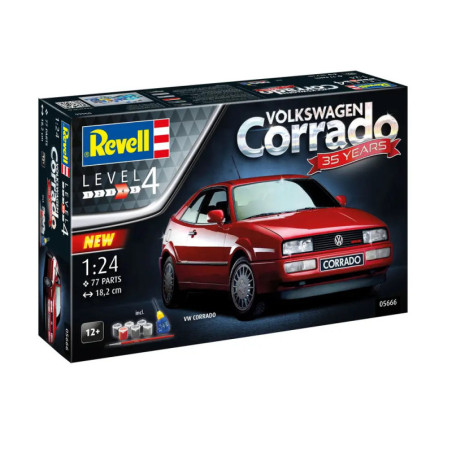 Revell Bausatz Level 4, VW Corrado 1:24, auf dem Karton rotes Auto und 35 Years-Aufdruck.