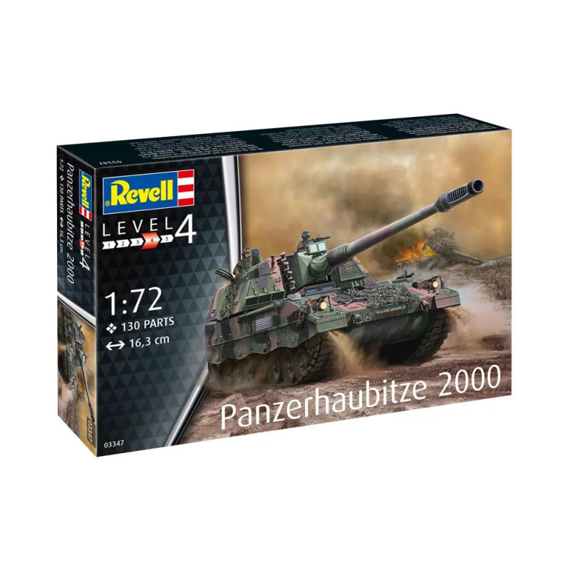 Revell Modellbausatz Panzerhaubitze 2000, Maßstab 1:72, 130 Teile, mit abgebildetem Kampfpanzer in Aktion.