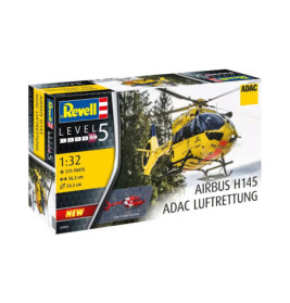 Revell Modellbausatz: Airbus H145 ADAC Luftrettung, mit gelbem Rettungshubschrauber im Flug auf der Verpackung.
