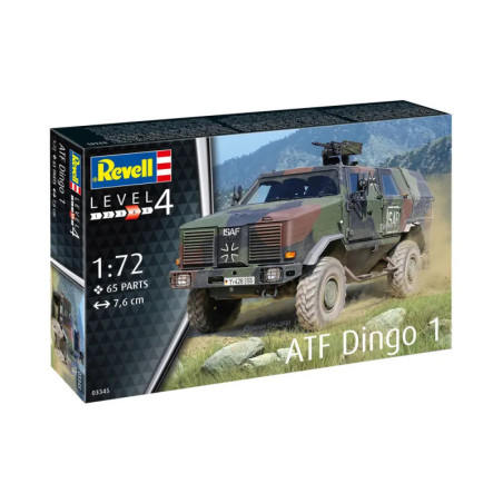 Revell ATF Dingo 1 Modellbausatz, Maßstab 1:72, 65 Teile, Militärfahrzeug auf Gras.