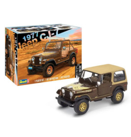 Bausatz und fertiges Modell eines braunen Jeep CJ-7 (1977) mit beigem Dach von Revell.