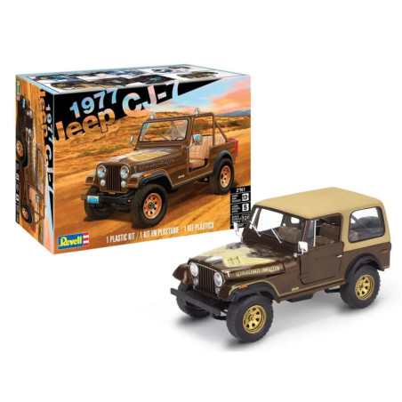 Bausatz und fertiges Modell eines braunen Jeep CJ-7 (1977) mit beigem Dach von Revell.