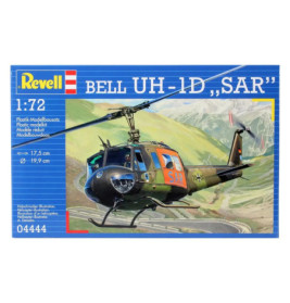 Revell Modellbausatz Bell UH-1D SAR, Maßstab 1:72, mit Illustration des Helikopters im Flug auf der Verpackung.