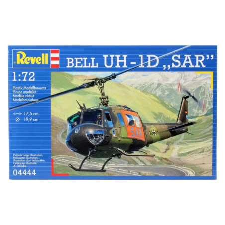 Revell Modellbausatz Bell UH-1D SAR, Maßstab 1:72, mit Illustration des Helikopters im Flug auf der Verpackung.
