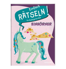 Ein pastellgrünes Einhorn auf dem Cover eines Kinderpuzzlebuchs mit deutschem Text und gezeichneten Kronen.