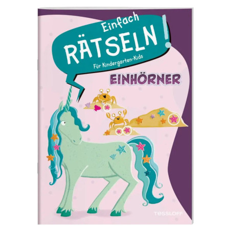 Ein pastellgrünes Einhorn auf dem Cover eines Kinderpuzzlebuchs mit deutschem Text und gezeichneten Kronen.