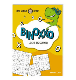 Gelbes Rätselbuch mit Comic-Dinosaurier und dem Titel BINOXXO Leicht bis Schwer auf dem Cover.
