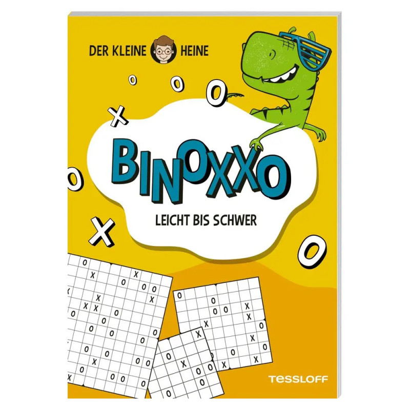 Gelbes Rätselbuch mit Comic-Dinosaurier und dem Titel BINOXXO Leicht bis Schwer auf dem Cover.