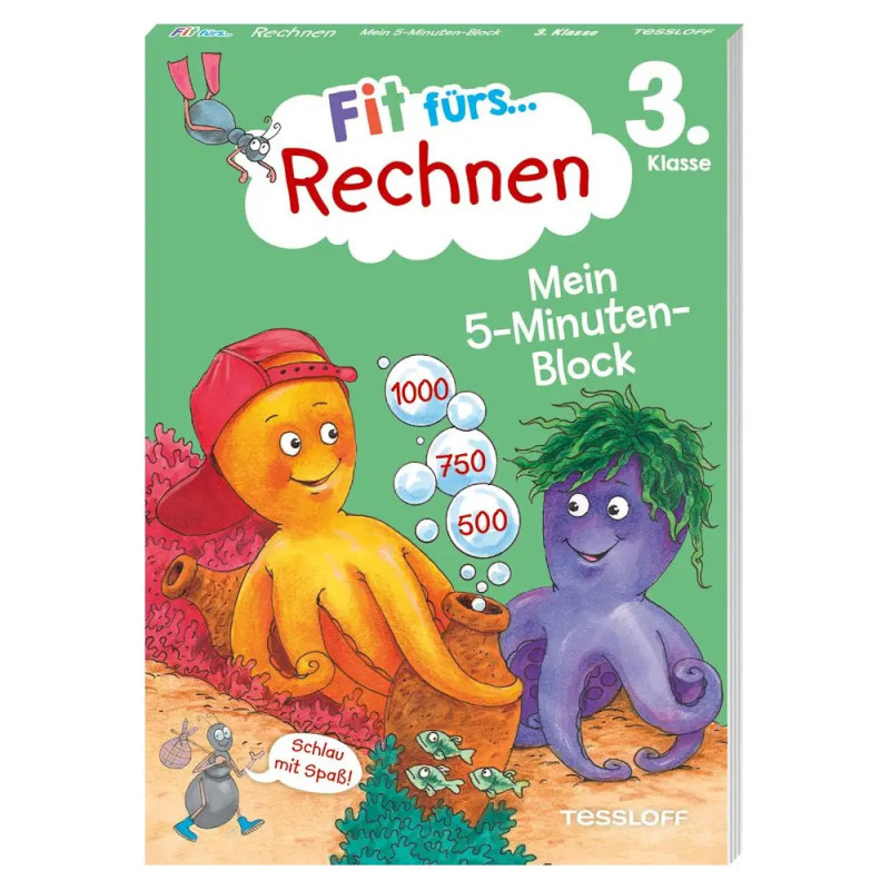 Zwei gezeichnete Oktopusse und Zahlenblasen schmücken das Cover des Fit fürs Rechnen 3. Klasse Arbeitshefts.