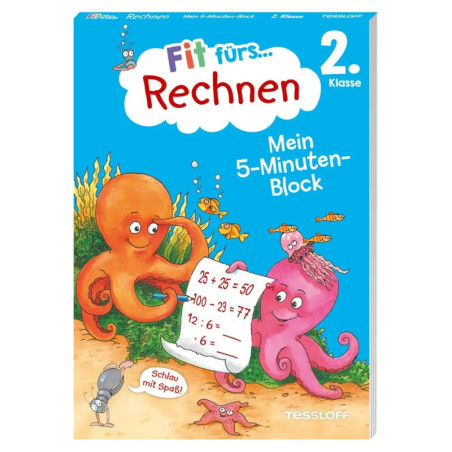 Zwei fröhliche Oktopusse rechnen mit Fischen und halten ein Arbeitsblatt unter Wasser in einem bunten Kinderarbeitsheft.