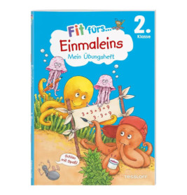 Buntes Arbeitsheft mit Cartoon-Meerestieren, die Mathe lernen Schriftzug: Einmaleins für die 2. Klasse.