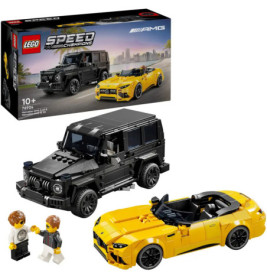 LEGO Speed Champions Set mit schwarzem SUV, gelbem Sportwagen, zwei Figuren und Verpackung im Hintergrund.